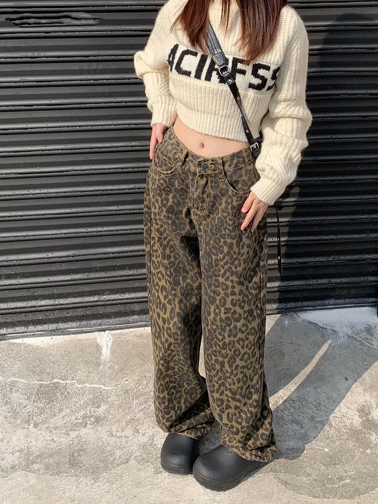 Y2K Retro Leopard Pattern High Waist Slim Straight Barrel Women Jeans Classic Casual Fashion Autumn Korean Street Women's Jeans