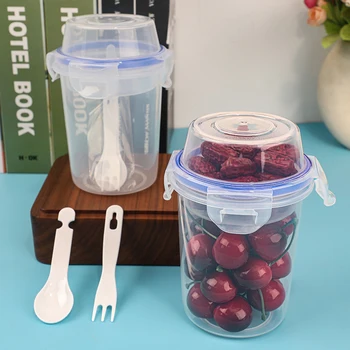 Tasse à salade avec couvercle et cuillère et fourchette, bol conique à réduction de graisse, boîte à bento de fitness, stockage des aliments à deux couches, petit-déjeuner, fruits, avoine, yaourt, signé 1