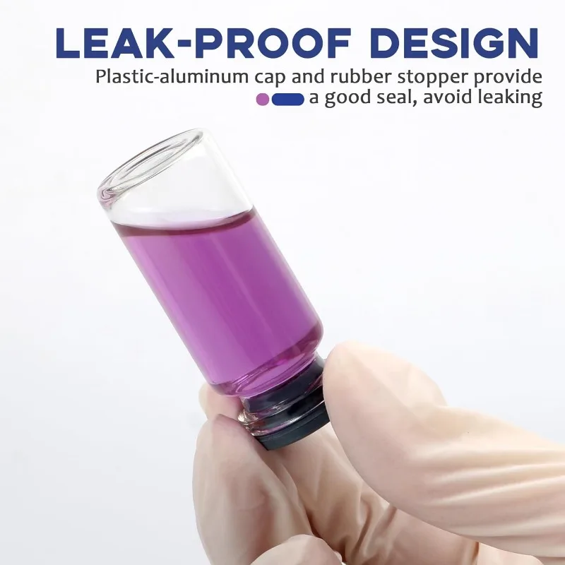 100 Pack Glass Vials Clear Glass Headspace Vial with Plastic-Aluminum Flip Caps, Rubber Stoppers and Label Papers, （10ml）