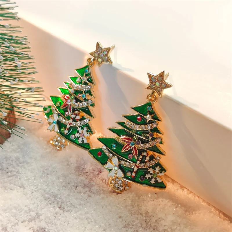 Dainty Christmas Tree Earrings For Women - Colorful Crystal Drop Earrings With Star, Bell & Bow - View #4