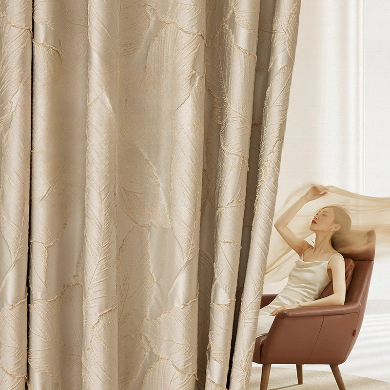 

Living Room Bedroom Light Luxury American Style Embossed Gold Silk Leaves High-precision Jacquard Shading Curtain Fabric