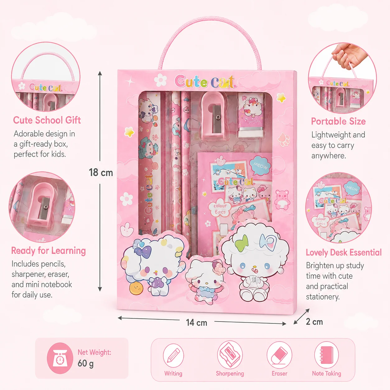 Kids Stationery Set 6 Pieces Portable School Writing Kit Gift Box with Notepad Pencil Eraser Ruler Sharpener