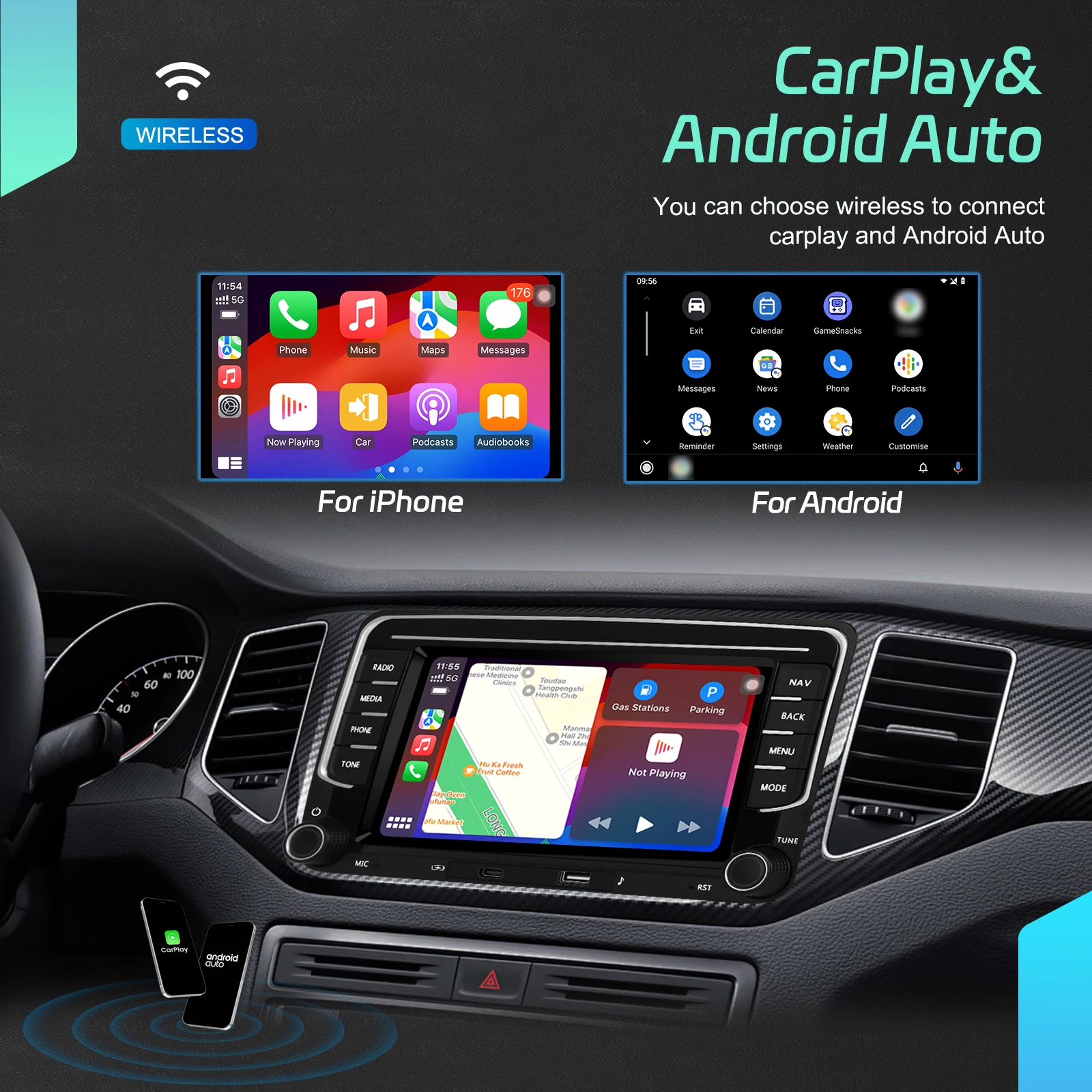 Radio Multimedia para Auto Podofo de 7 Pulgadas y 2 Din, 6+128G, para Seat Altea/Toledo/Leon, VW Golf/Passta/Jatta/Bora/Scirocco, Skoda Fabia/Yeti/Roomster/Praktic, Sistema de Audio para Auto, Carplay Inalámbrico, Android Auto, Mirror Link, Radio Estéreo para Auto, WiFi, GPS 2