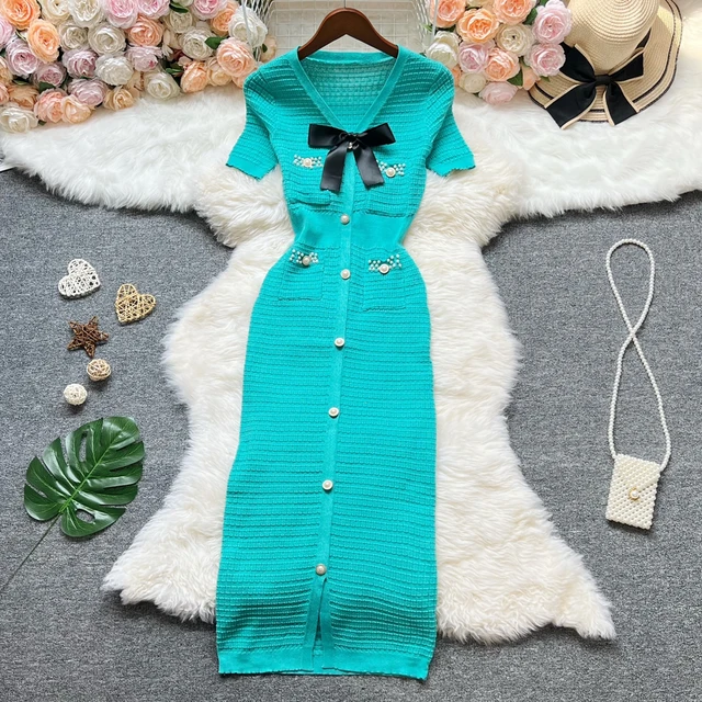 YuooMuoo Chic Fashion Elegant Bow V-neck Wrap Hips Knitted Dress Women Brand Fashion Pearl Buttons Bodycon Office Lady Vestidos