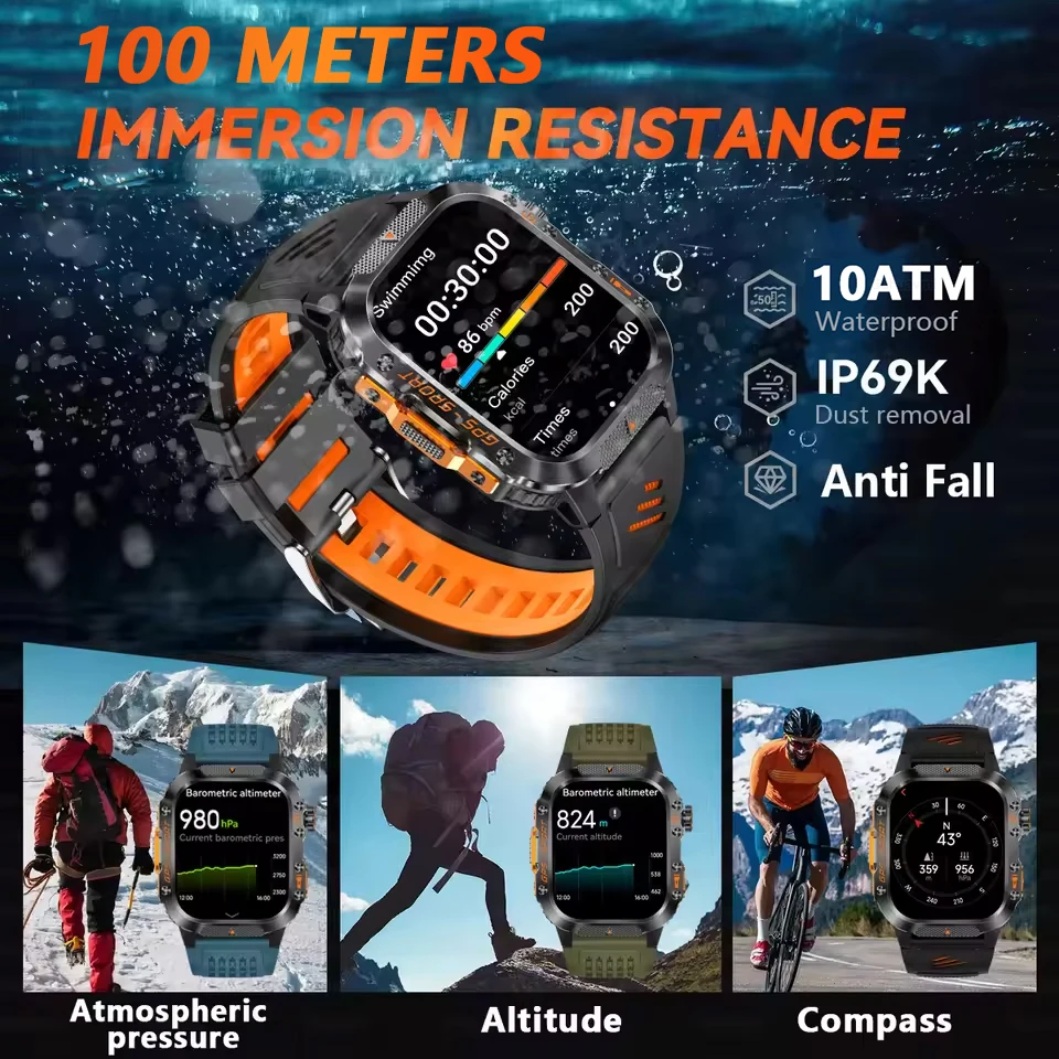 2025 New Military GPS Smart Watch 10ATM Waterproof Flashlight Heart Rate Outdoors Run tracker Smartwatch Men Swim Sport Bracelet