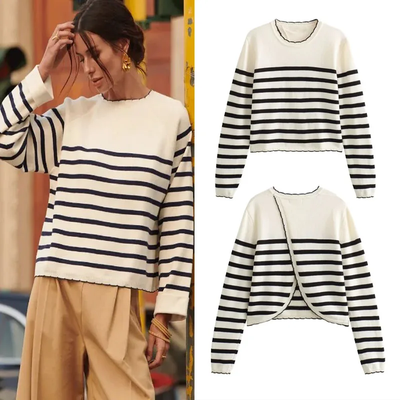 

Женский трикотажный свитер в полоску, с круглым вырезом и длинным рукавом
