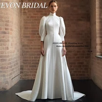 EVON BRIDAL High Neck Muslim Wedding Dresses Three Quarter Puff Sleeves robes mariée 2024 Satin Pearl A-Line Bride Party Gowns 1