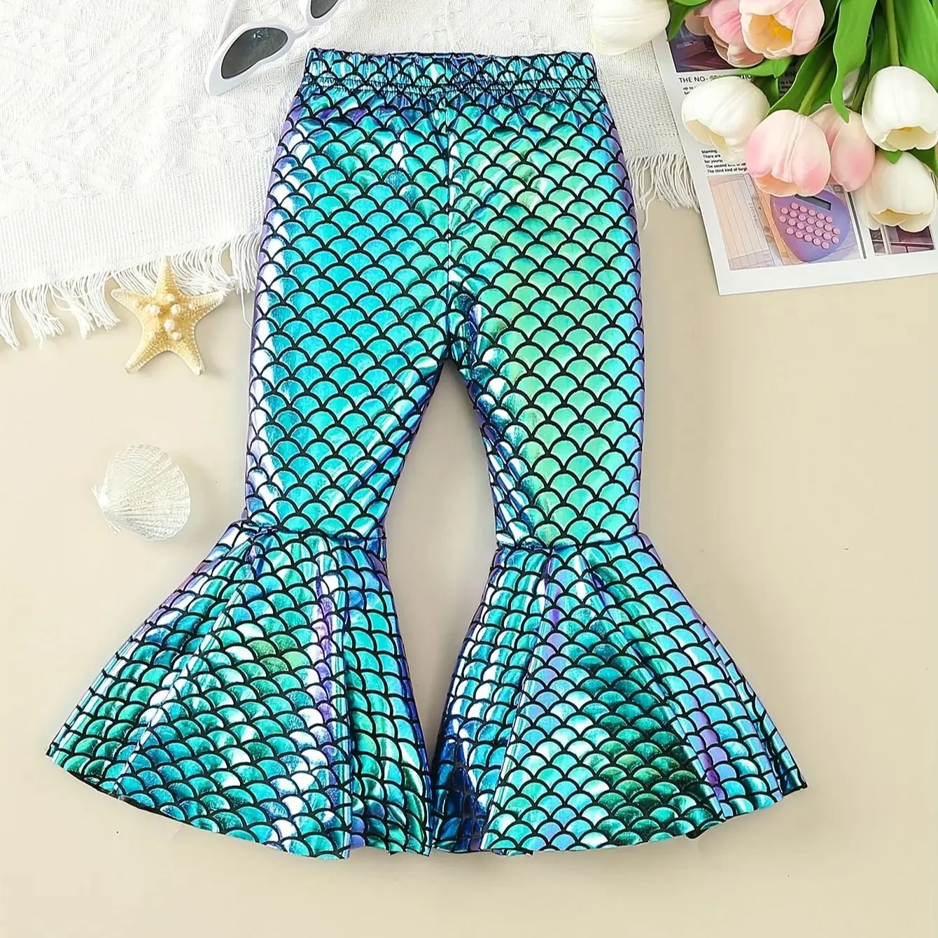 Autumn Spring Baby Girls Pants Mermaid Fish Scale Print Fashion Flared Pants Leather Baby Clothes baby trousers