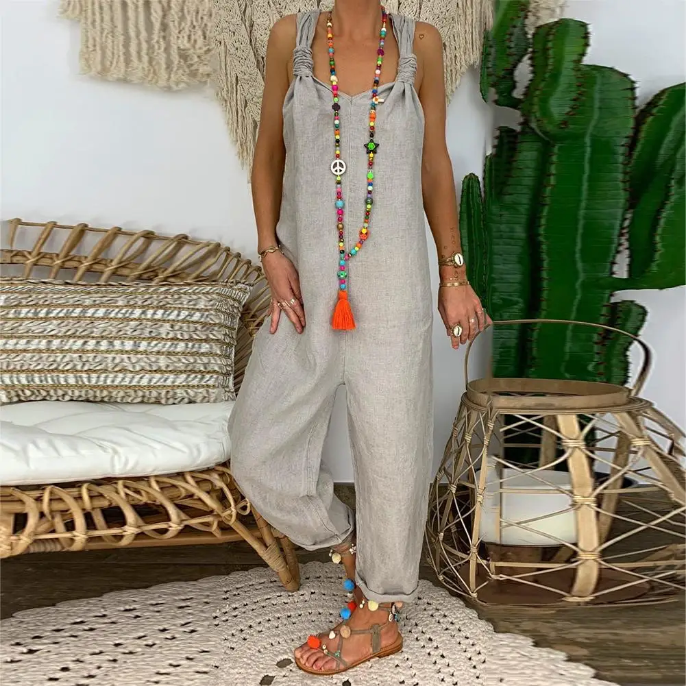 Loose Casual  Linen Print JumpsuitWomen Solid Color Bib Overall Sleeveless Backless Knotted Jumpsuit Dungarees
