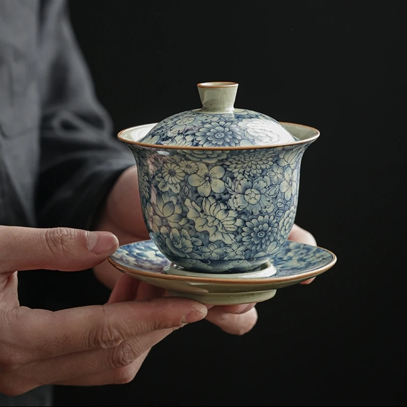 Antique Flowers Ceramic Opening Gaiwan For Tea Blue Tureen Teaware Set Chinese Tea Bowl Chawan Lily Deng's Store Cup