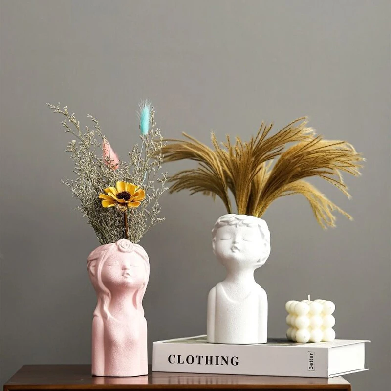 1 Piece Creative Sphinx Statue Ceramic Vase Indoor Decoration Statue Cute Boy Girl Hydroponic Vase Home Desktop Decorations 4
