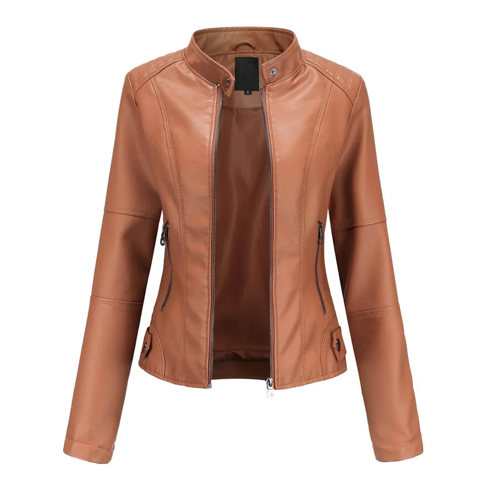 Womens Solid Color Leather Bomber Jacket