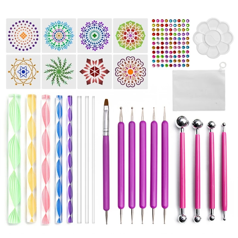 

2022 New 29pcs Mandala Dotting Tools Set for Painting Rock Stones Stencil Acrylic Stick Brush Gem Sticker Palette Kit