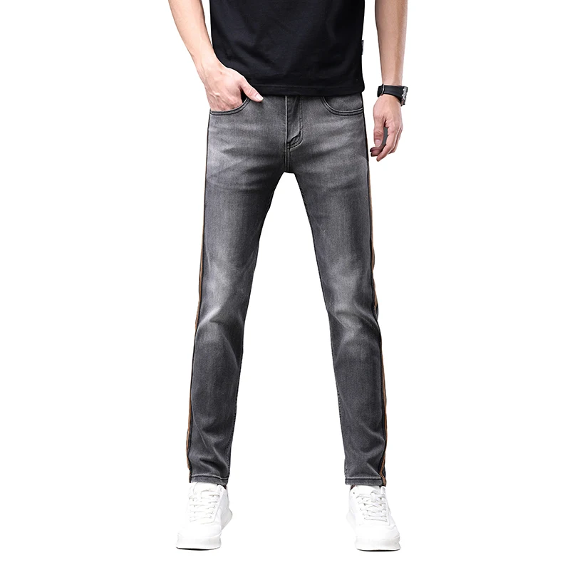 Sports Line Design Gray Jeans Men's Stylish Simple and Versatile Street Straight Slim Fit Stretch Feet Pants