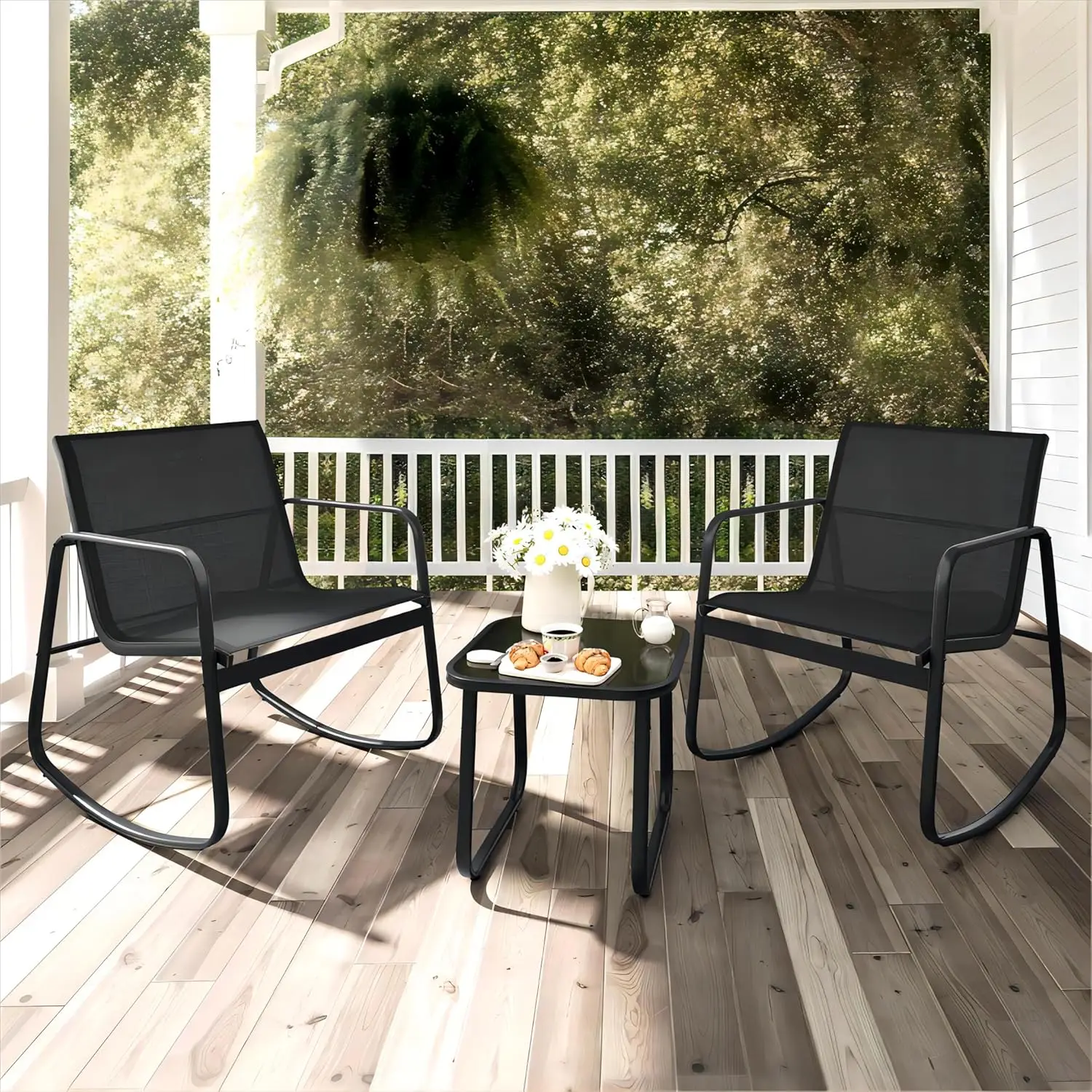 3 Piece Patio Set. Rocking Chairs. Glass Table. Textilene Fabric. Outdoor Set. Backyard, Garden, Balcony, Poolside. Black.
