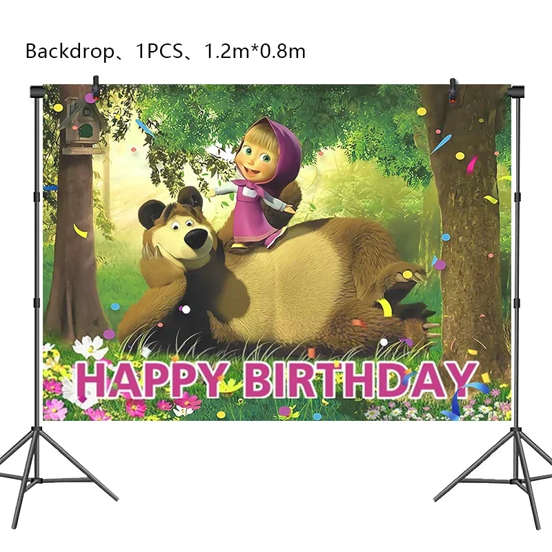 Mashas and Bear Birthday Party Decoration Cartoon Theme Balloons Kids Event Supplies Disposable Tableware Backdrop