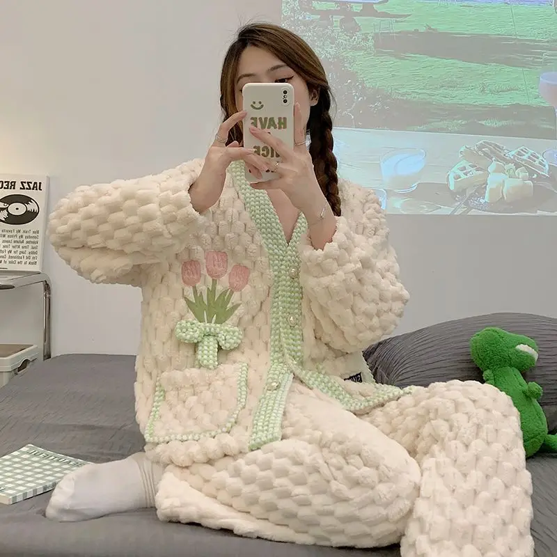 Pajamas Women Autumn Winter Coral Fleece Sweet Thermal Nightclothes Female Fleece-lined Thickened Flannel Casual Homewear Suit