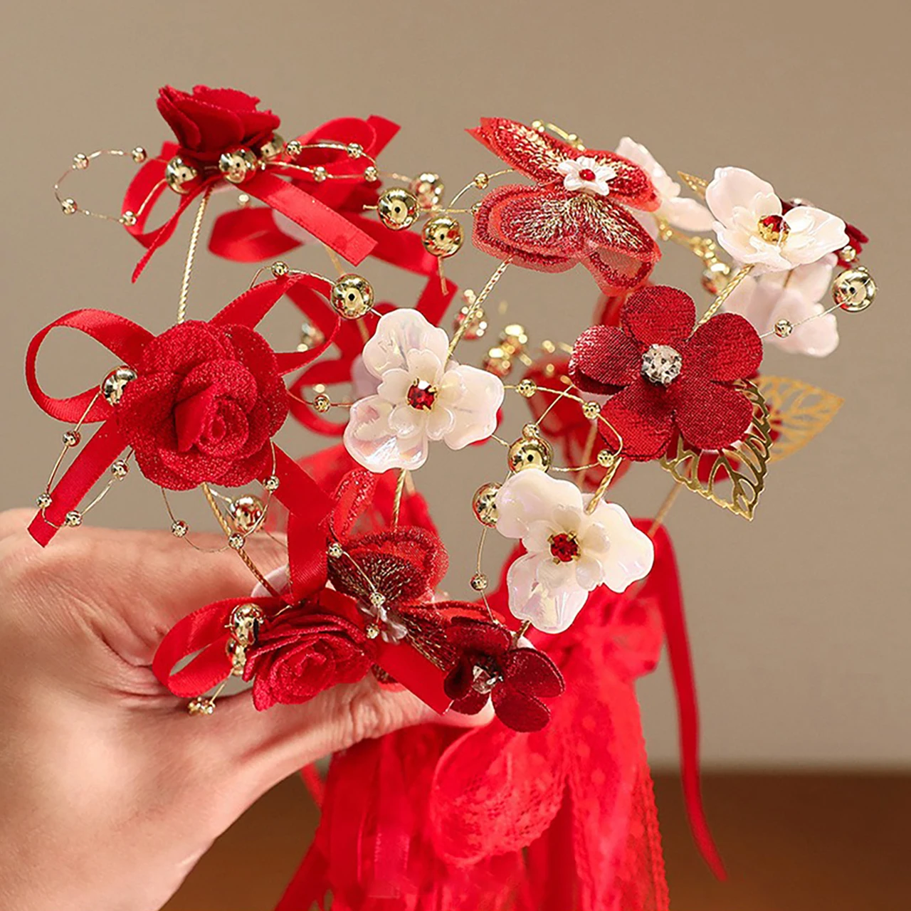 여아 빨간색 새해 왕관  머리띠 꽃 머리띠 여자아이 나비 땋은 리본 머리띠 어린이 미끄럼 방지 헤어밴드