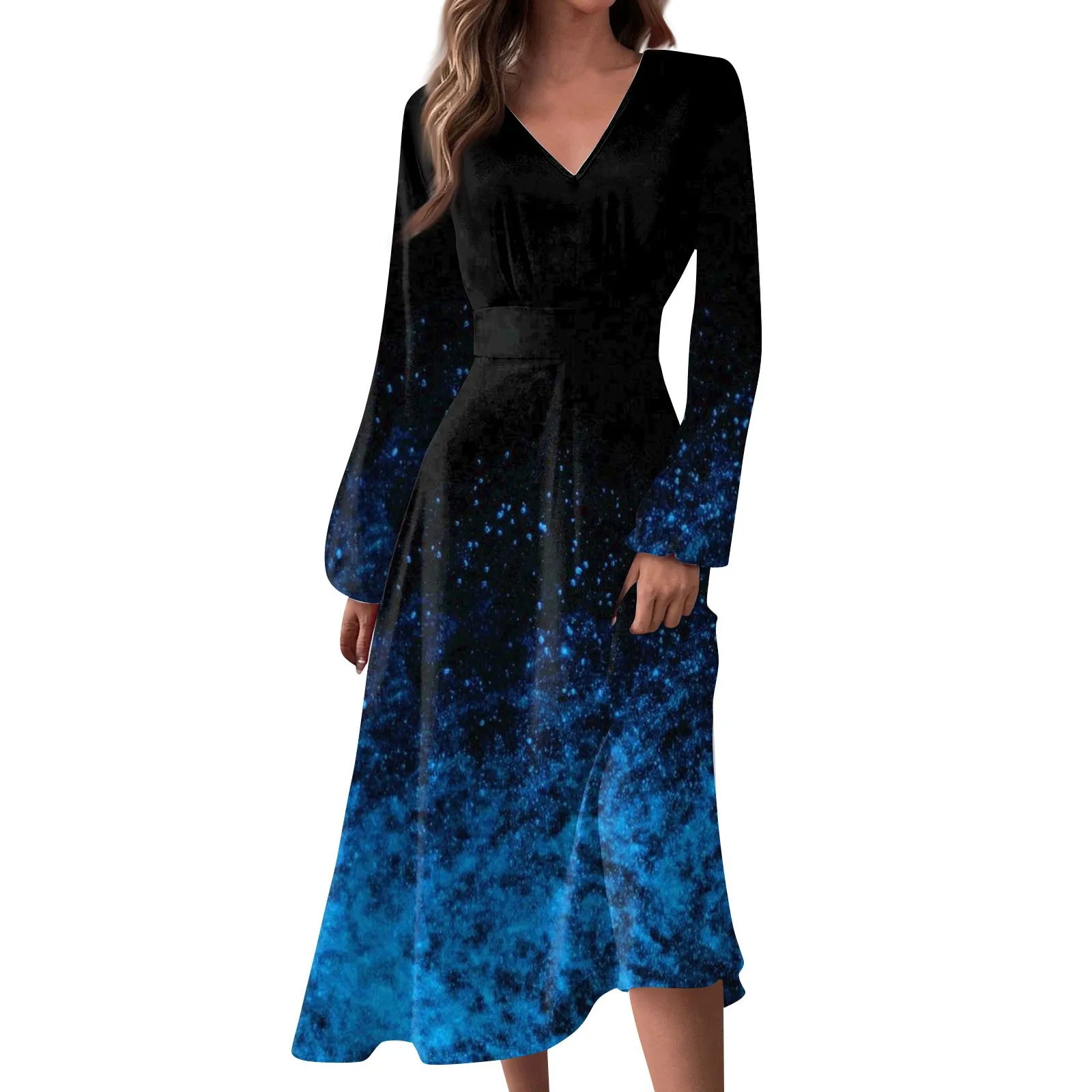 

Women's Spring And Autumn Casual Fashion V-neck Long Sleeve Gradient Printed Long Dresses A-Line Skirt faldas 롱스커트 faldas