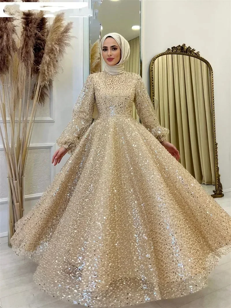 

Champagne Sequin Muslim Evening Dress High Neck Puffy Sleeves Islamic Arabic Dubai Women Prom Formal Party Gowns Robe De Soiree