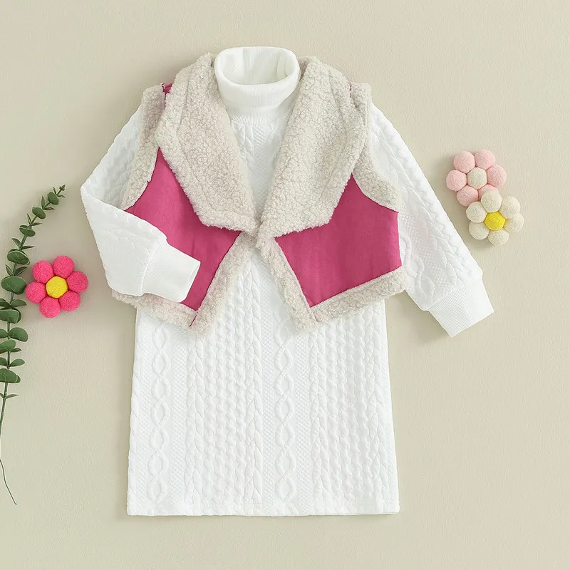 

Children Girl Sweater Dress Sets Spring Autumn Clothes Solid Color Long Sleeve Knit Princess Dress with Polar Fleece Waistcoat