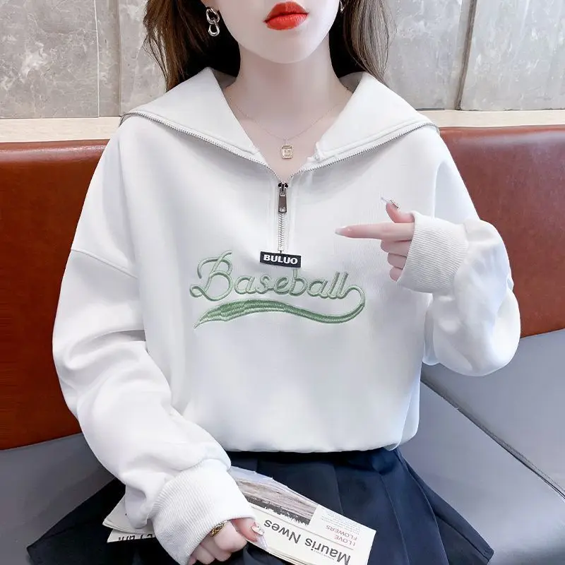 Fashion Sailor Collar Zipper Embroidery Sweatshirts Female Clothing 2023 Autumn New Loose Casual Tops Letter Korean Sweatshirts