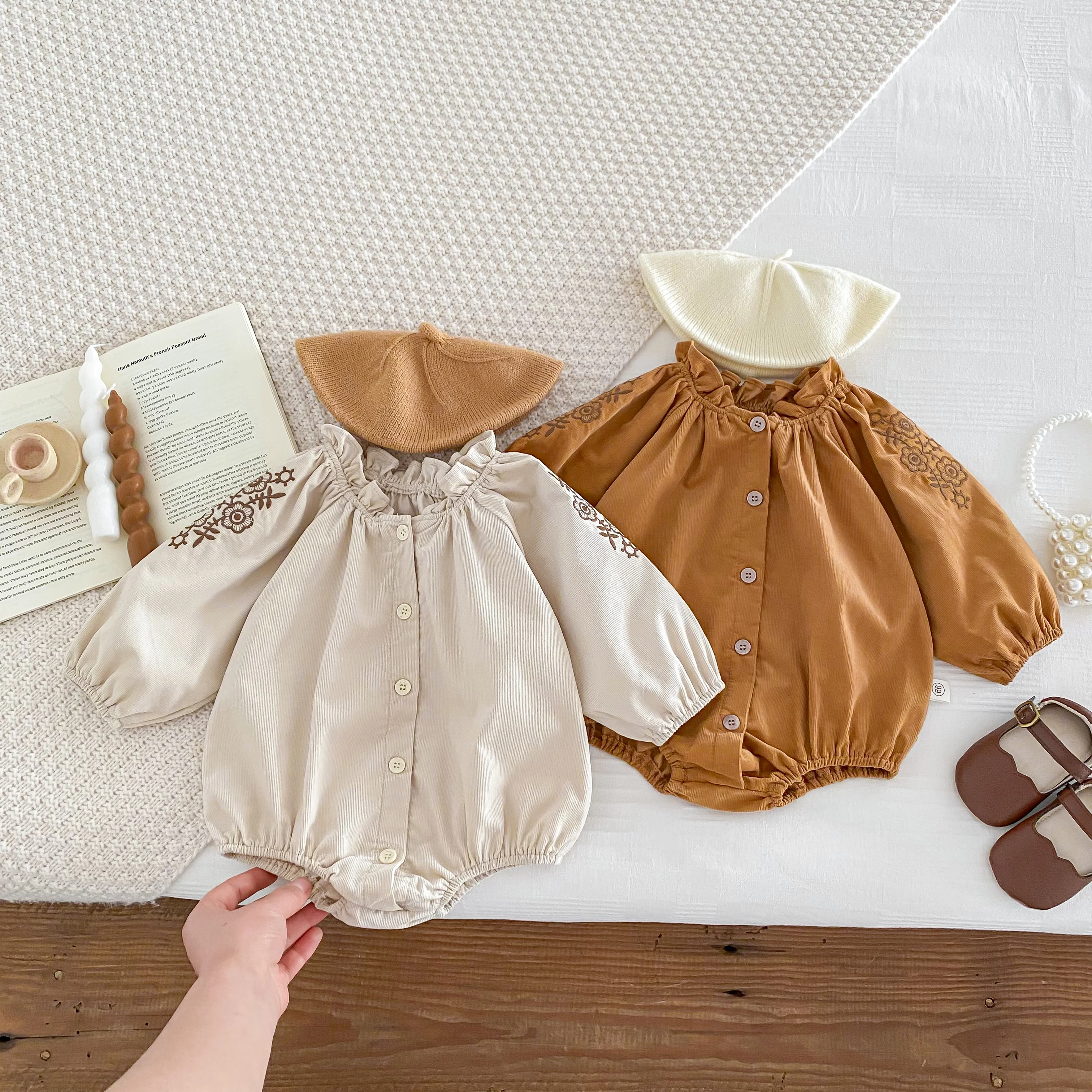 Koecnoc Conjunto Infantil 2 Peças - Body Manga Longa Floral + Saia De Veludo - Meninas 0-24 Meses