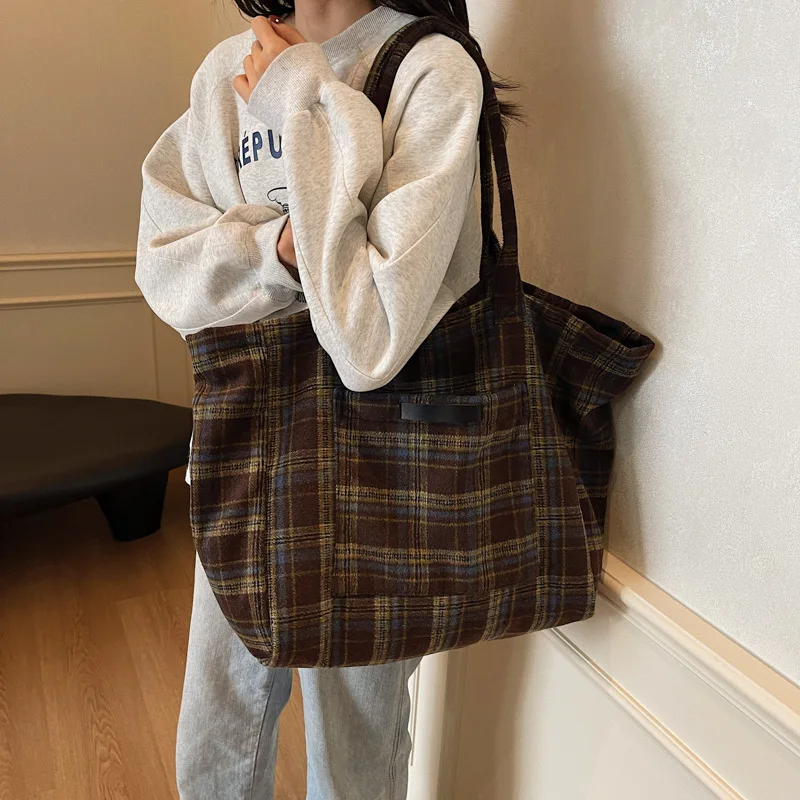 Woolen Plaid Big Bag Women's 2025 New Korean Version Tote Bag College Style Casual Large-capacity Shoulder Bag