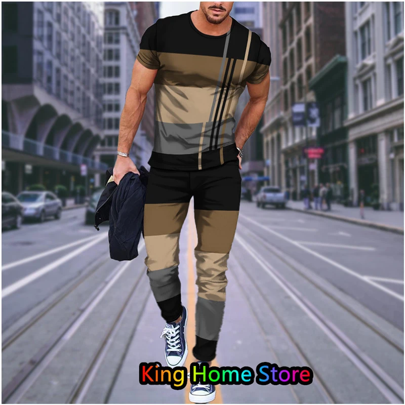 Men's Trousers Tracksuit 2 Piece Set Fashion Sportswear Autumn Streetwear Short Sleeve T Shirt Long Pants Male Clothing Outfits
