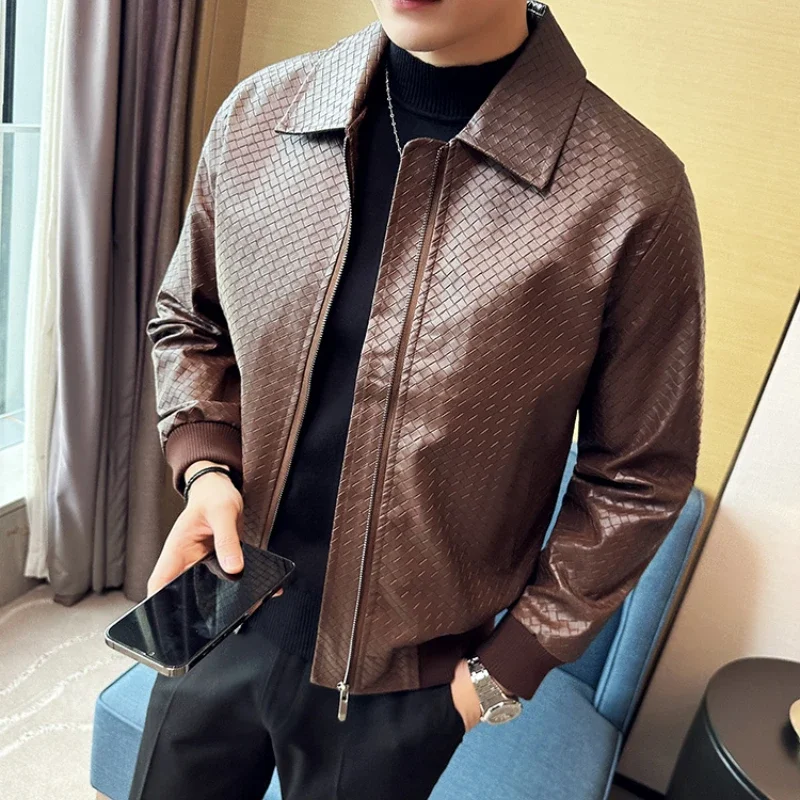 2023 Autumn Winter Men High Quality Woven Leather Jacket Fashion Lapel Business Casual Motorcycle Jacket Brand Social Overcoat 4