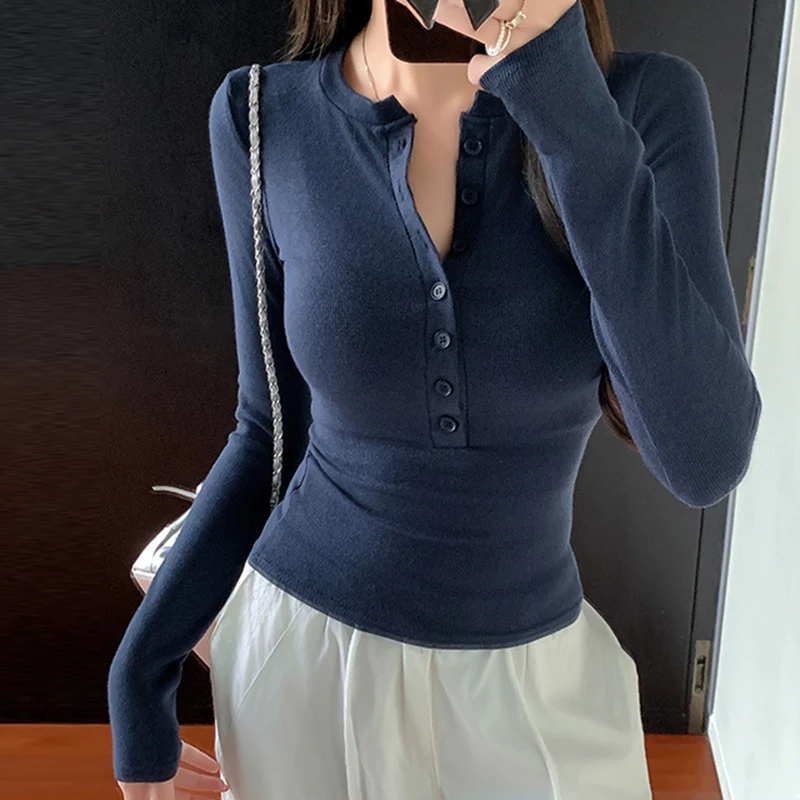 Solide Einreiher Langarm T-shirt Frauen Slim Fit Langarm Tops 2025, Herbst Mode Casual Grundlegende T-shirt