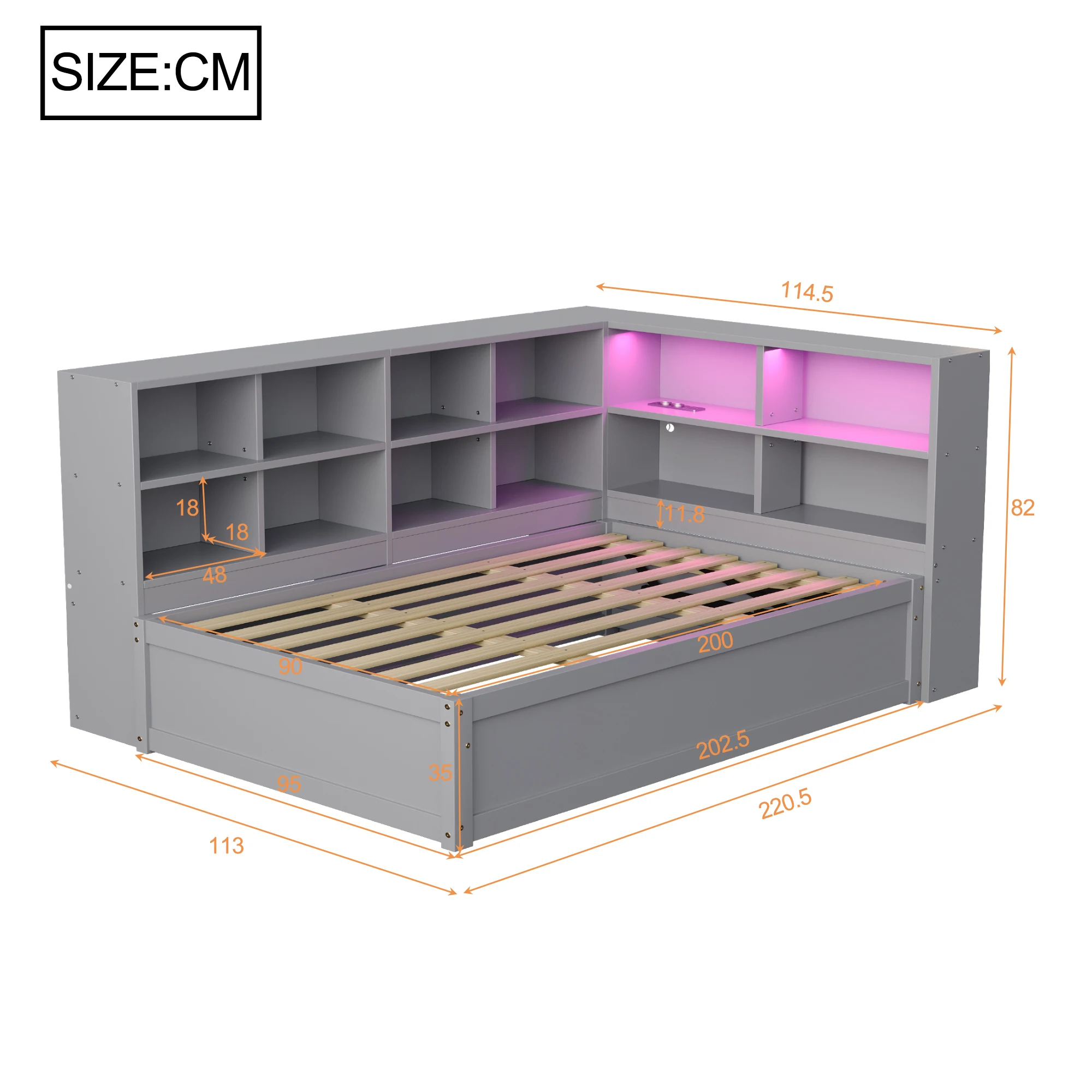KOMHTOM Schlafsofa 90x200 hydraulisches multifunktionales Einzelbett mit Mehrfachsteckdose mehreren Staufächern und Lichtleiste – Detail 10