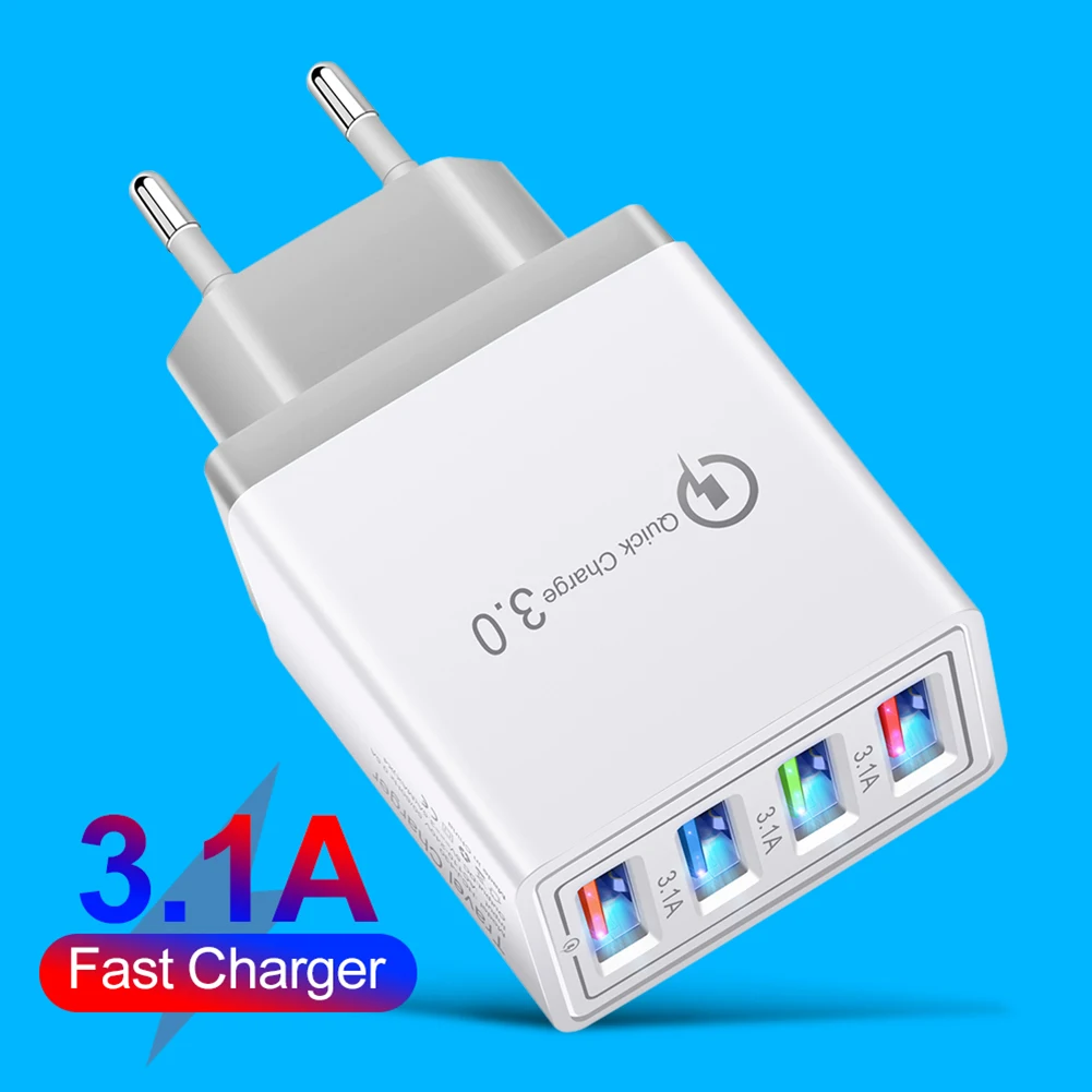 High-Speed QC 3.0 USB Charger with 4-Port LED Adapter, EU Plug