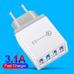 High - Speed QC 3.0 USB Charger with 4 - Port LED Adapter, EU Plug - Grey