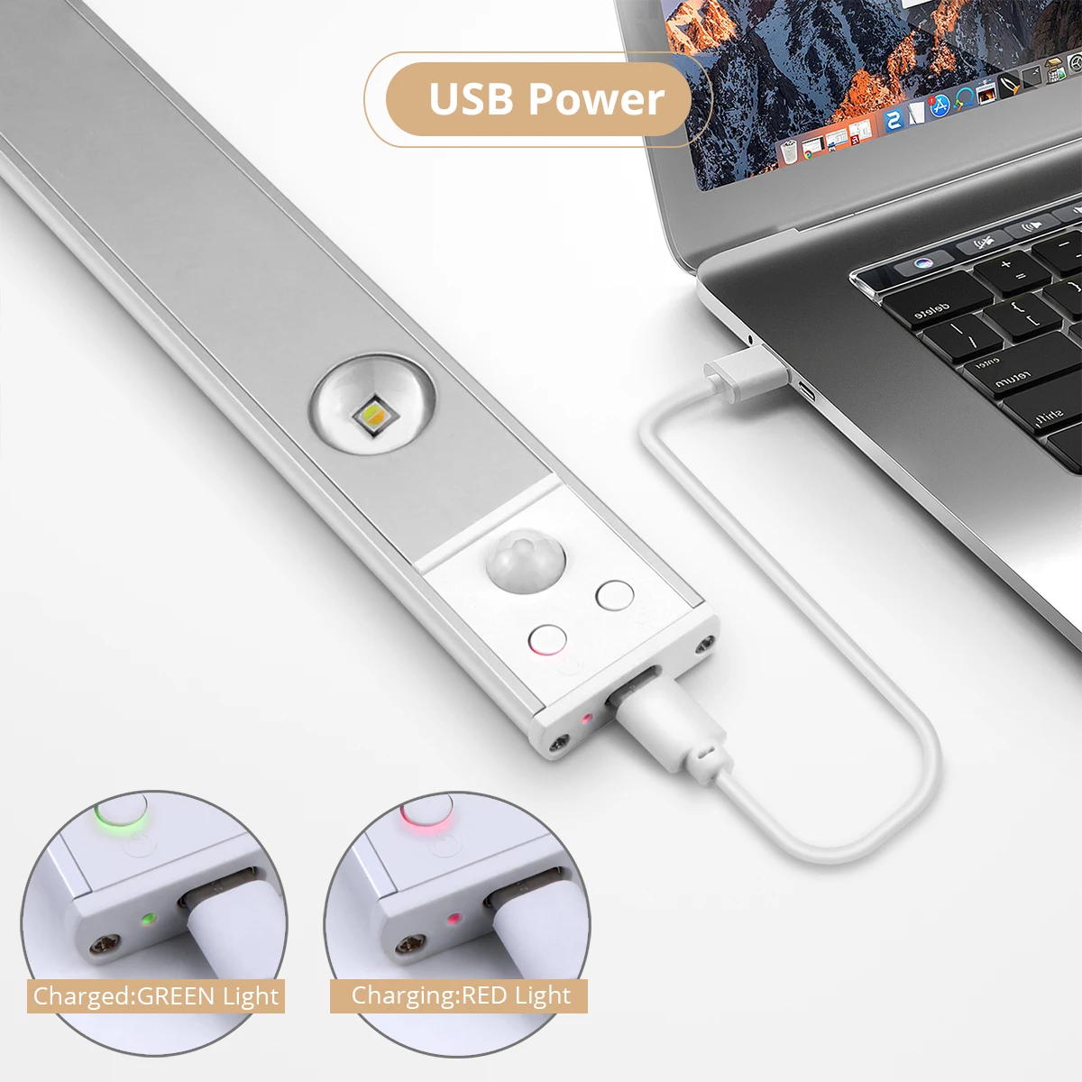 PIR 모션 센서 스위치 스포트라이트, USB 충전식 자석 램프, 주방 캐비닛 침실 조명, 3 LED 바 야간 조명
