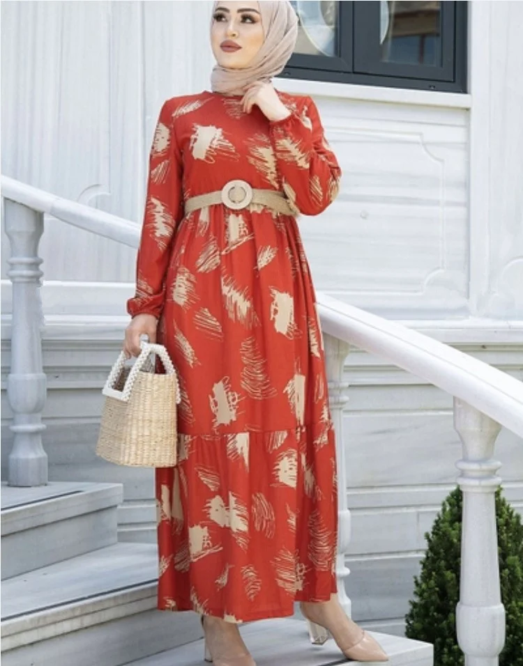 

Abaya Kaftan For Women Muslim Print Round Neck Long Sleeve Waist Belt Medium Length Dress Women's Islam Moroccan Caftan Dress