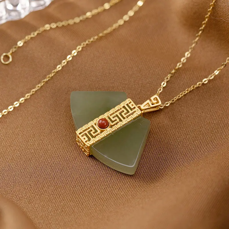 S925 Sterling Silver Gold Plated High-Grade Natural Hetian Jade Gray Jade Personality Fan-Shaped Ladies with Chain Ornament