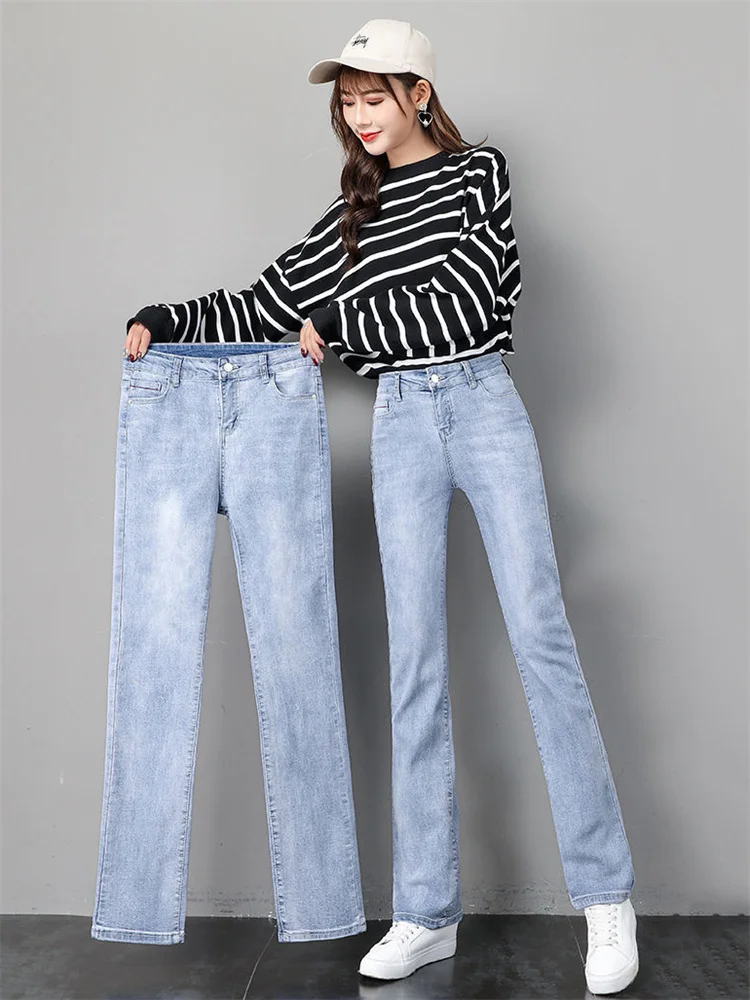 

Straight Jeans Women Light Blue 2022 New Fashion High Waist Slim Elastic Loose Long Pants Feminina With Zipper Pockets Button