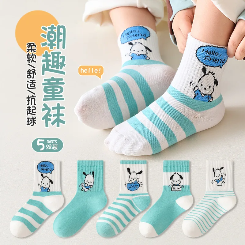 5 Pairs Hello Kitty Kids Socks Kawaii New Summer Cartoon 1-12 Years Old Children Mid-calf Cotton Sock for Girls and Boys Gifts 5