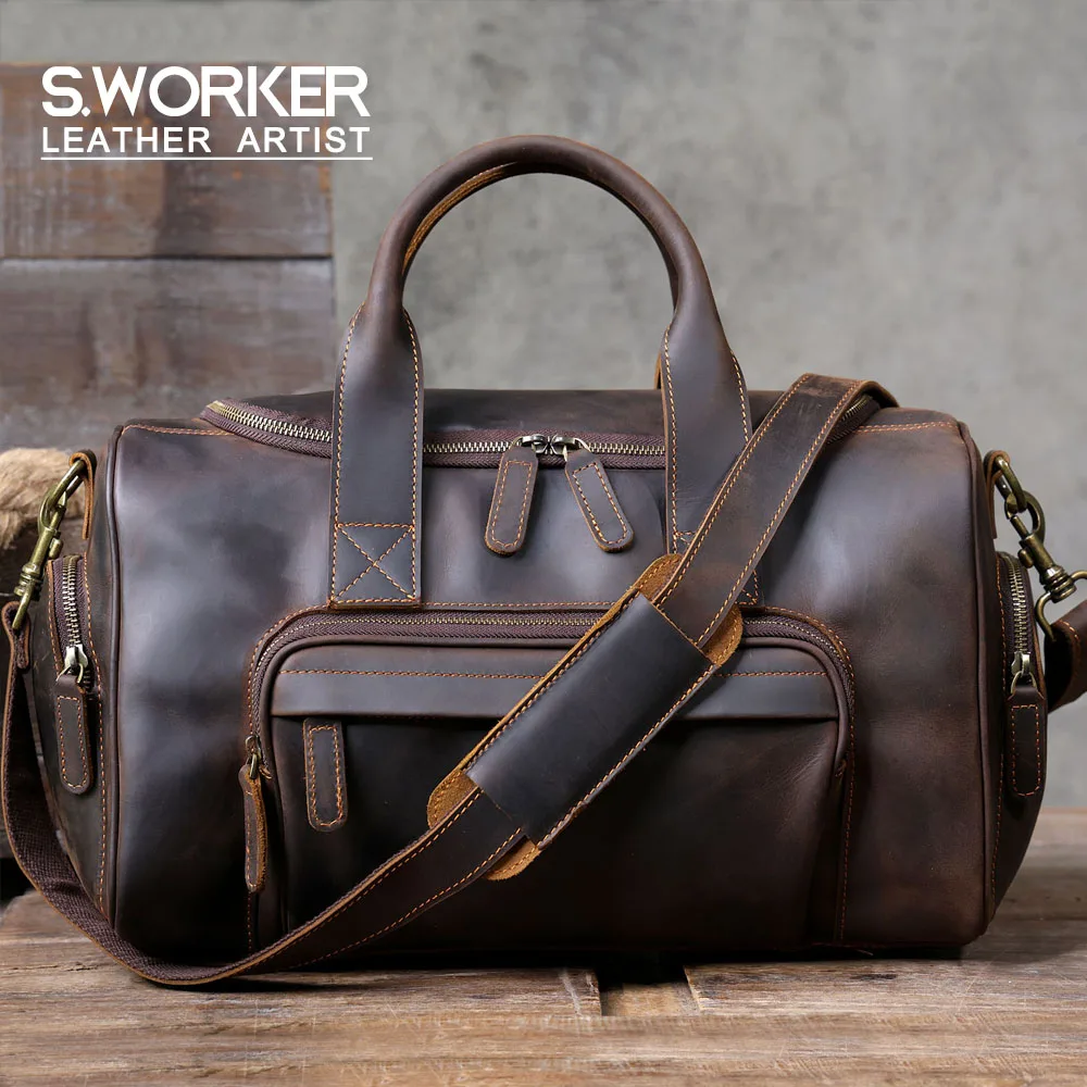 S.WORKER Vintage Genuine Leather Travel Bag  Crazy Horse Cowhide Leather Duffel Bag Men's Weekender Bag Gym Bag Carry on Luggage