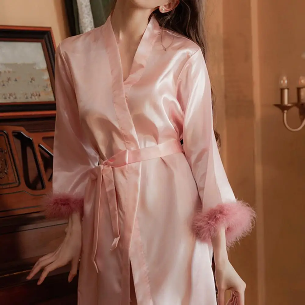 Imitation Silk Women Nightgown Solid Color Faux Fur Trim Adjustable Waist Tie Satin Sleepwear Weddings Bride Morning Robe