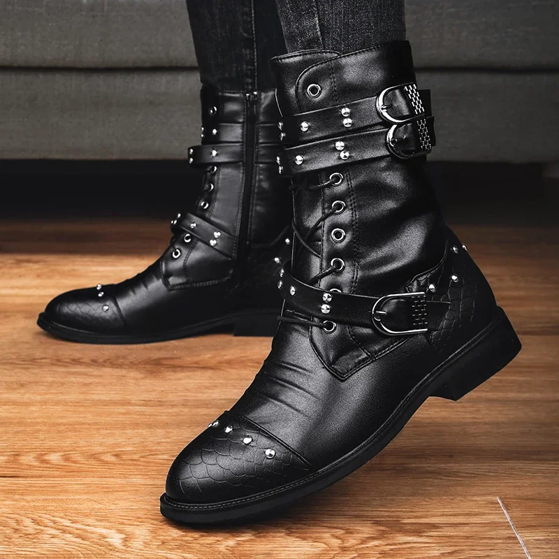 

Spring Autumn New Men Boots Fashion Rivet Black Motorcycle Boots Street Style Male High Boots Convenient Slip on Casual Shoes