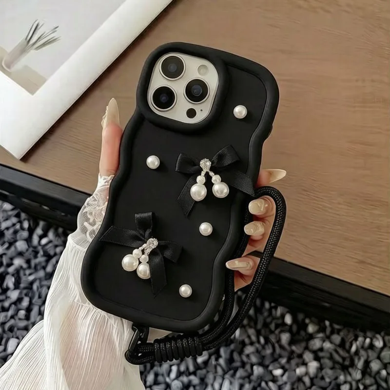 Charming Pearl Bowknot Soft Lanyard Phone Case