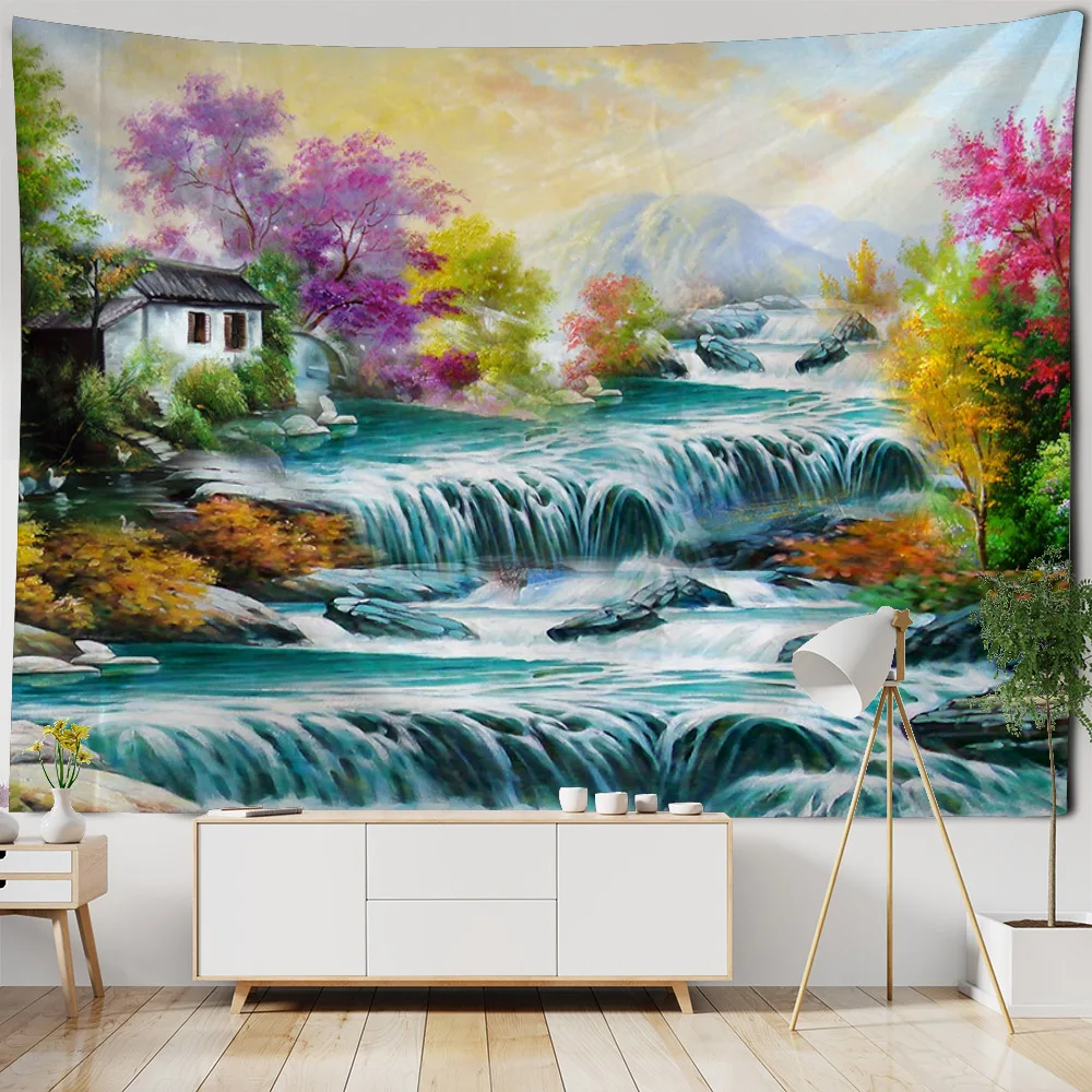 Forest oil painting tapestry waterfall landscape wall hanging cloth living room wall decoration aesthetics home art decoration