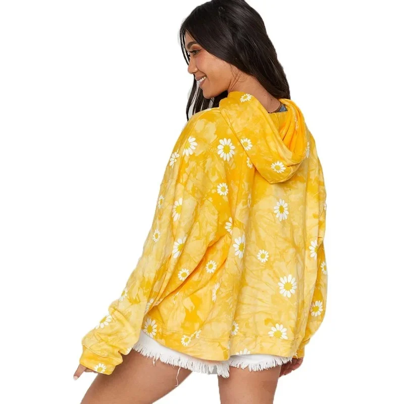 Europe and The United States 2023 Autumn and Winter Women's Hooded Sweater Long-sleeved Pullover Tie-dye Little Daisy Jacket