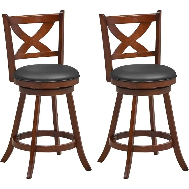 Bar Stools Set of 2, 30" Bar Height Stools with Back, Solid Rubber Wood Frame, Leather Padded Seat, Vintage Upholstered Armless