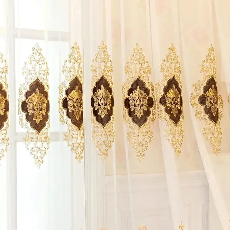 Elegant European Peony Embroidered Sheer Tulle Curtains
