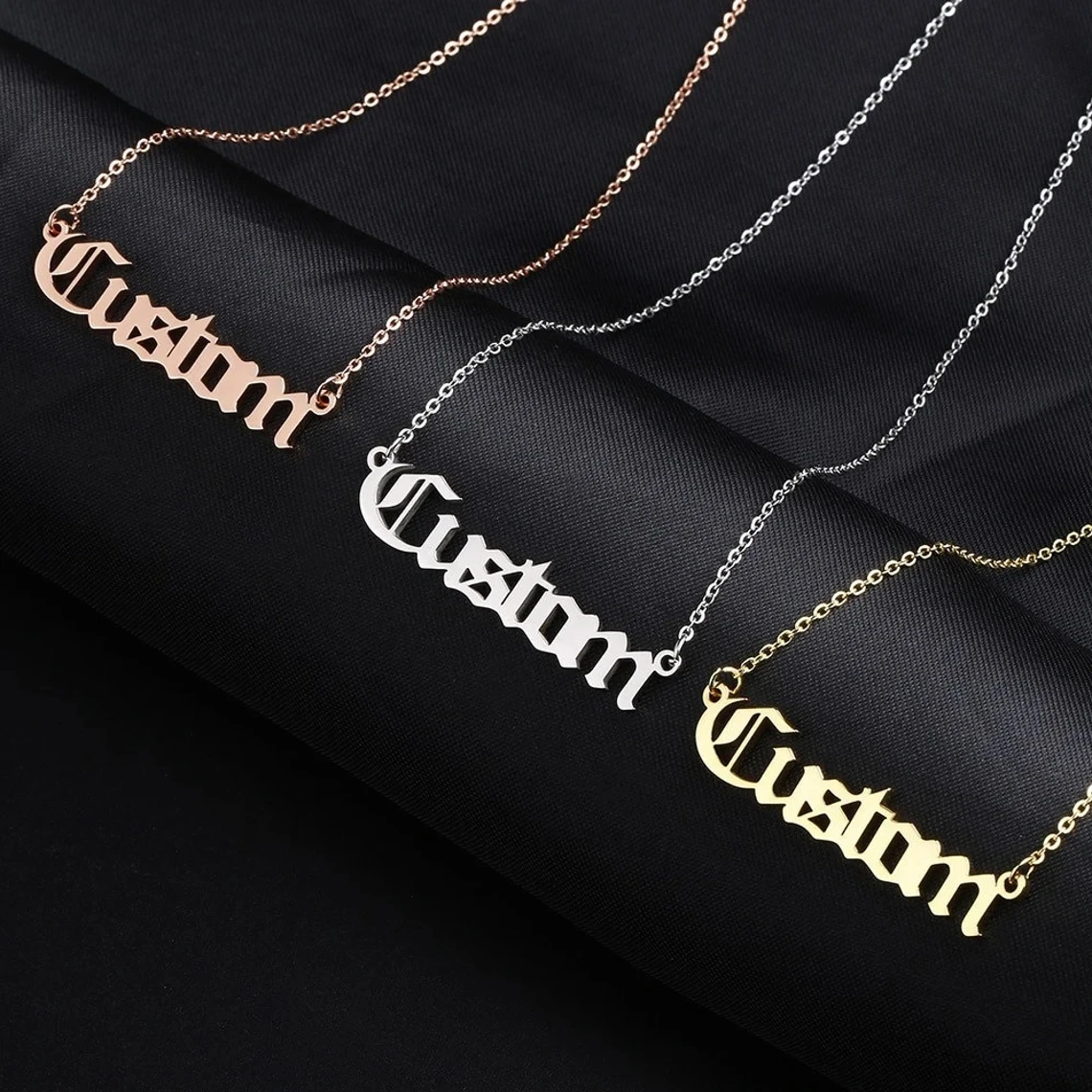 Customized Necklace Old English Font Engraved Nameplate Pendant Personalized Custom 14K Gold Plated Name Necklace Goth Styles