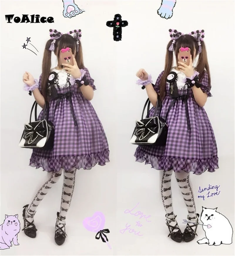 

Kawaii Plaid Checks Dresses Japanese Women's Lolita OP Dress Bows Short Sleeve Peter Pan Collar Cute Ball Gown