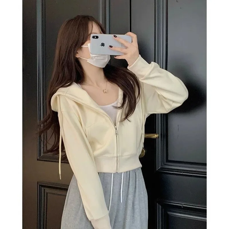 Pink Petite Sweatshirt Jacket Women's Spring Autumn 2024 New Style Hooded Loose-Fit Zipper Cardigan Cropped Top - Image 5
